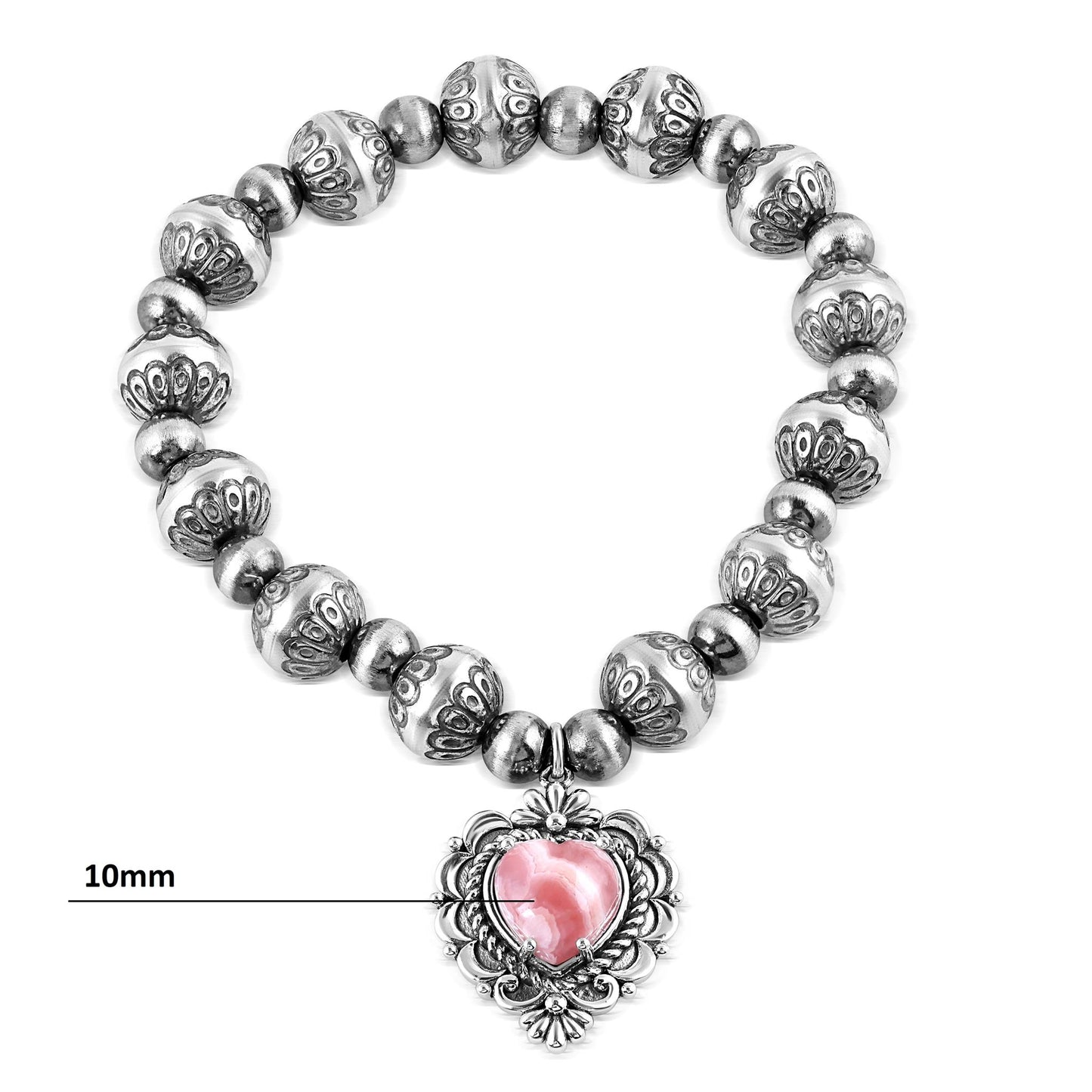 Sterling Silver Rhodochrosite Heart Charm Bead Bracelet