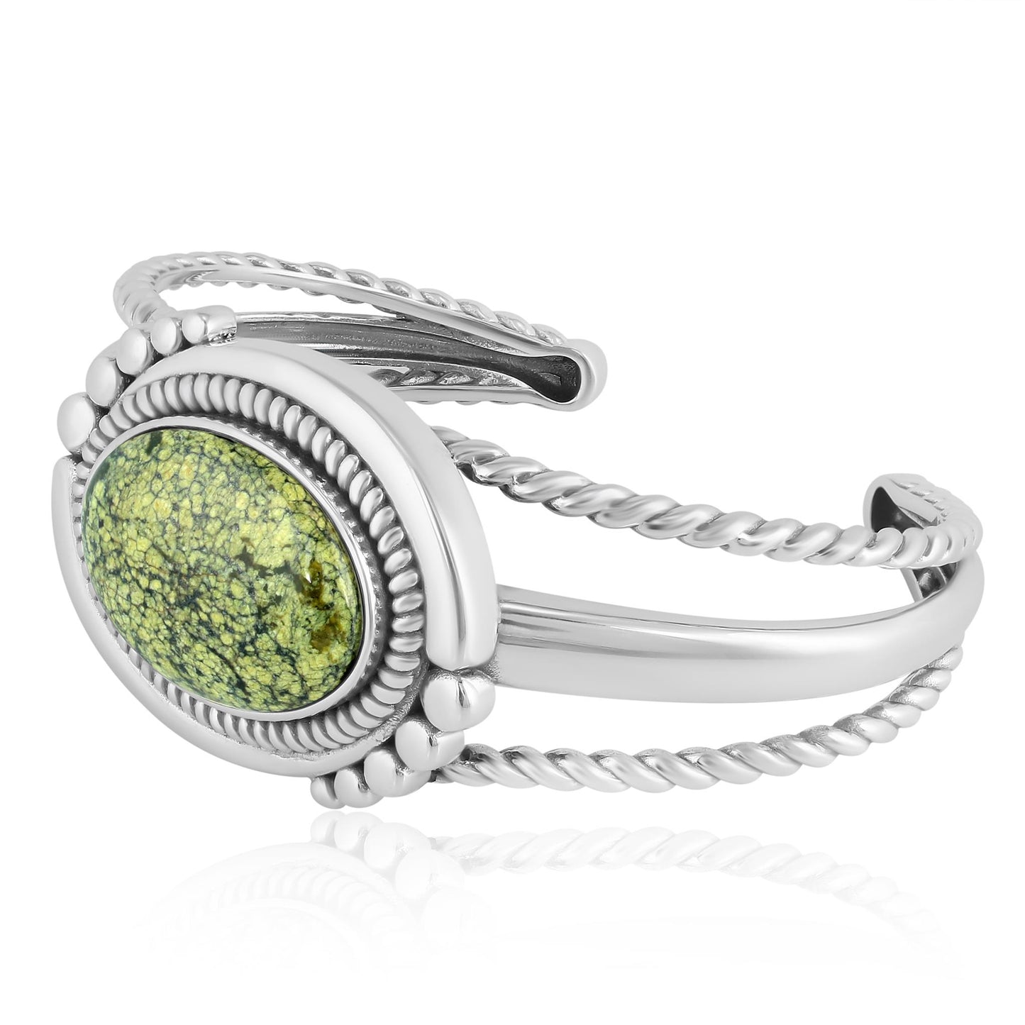 Sterling Silver Spiderweb Serpentine Bold Oval Gemstone Rope Cuff Bracelet