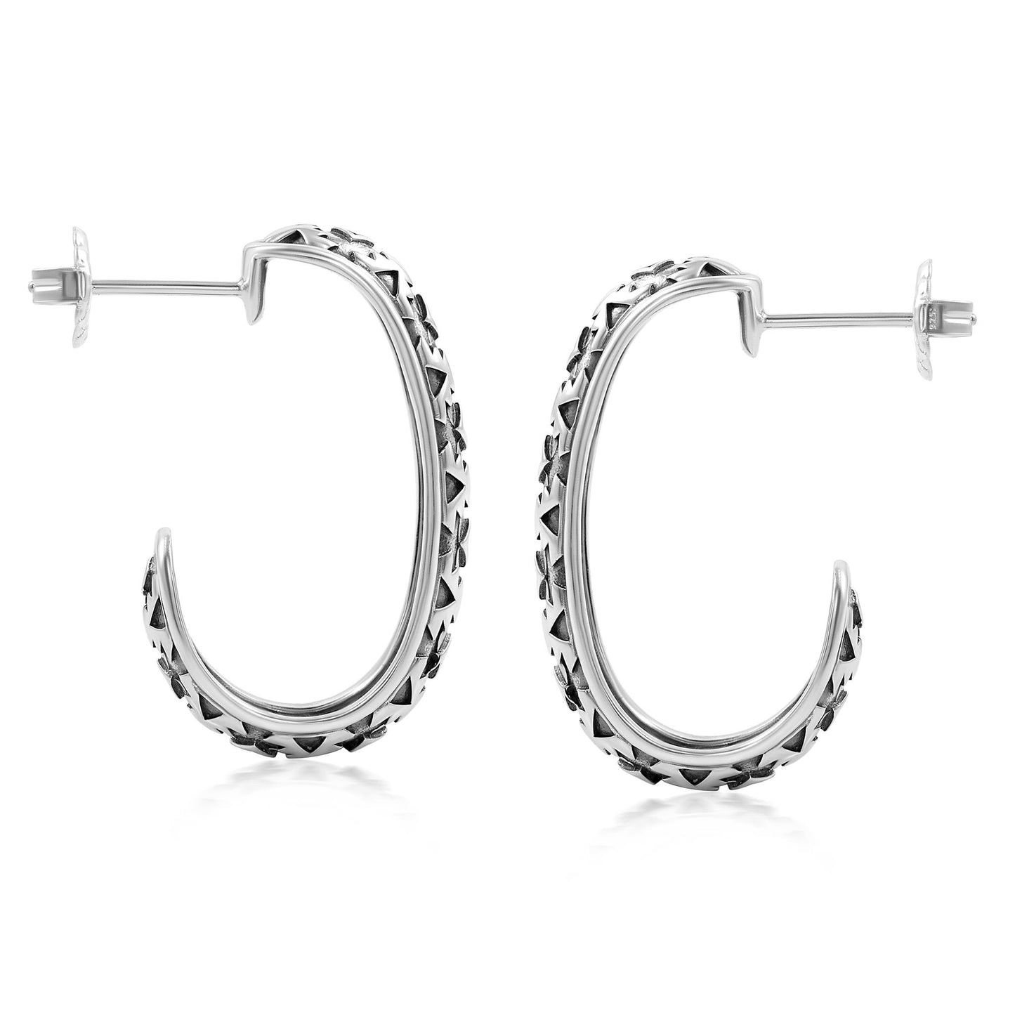 Sterling Silver Patterned J-Hoop 1 Inch Earrings