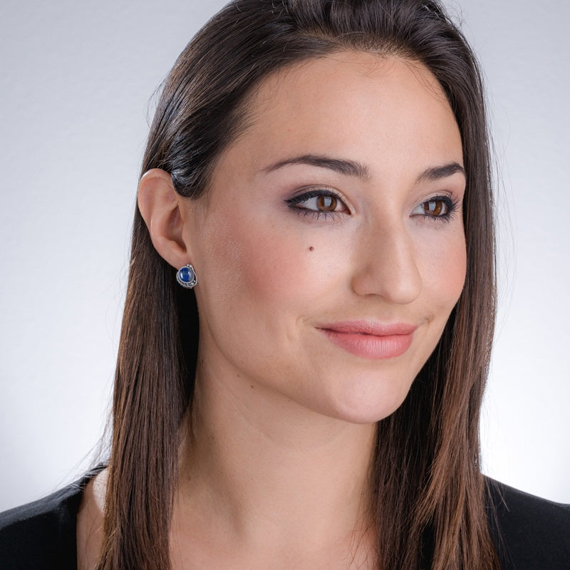 Sterling Silver Blue Lapis Leaf Button Earrings