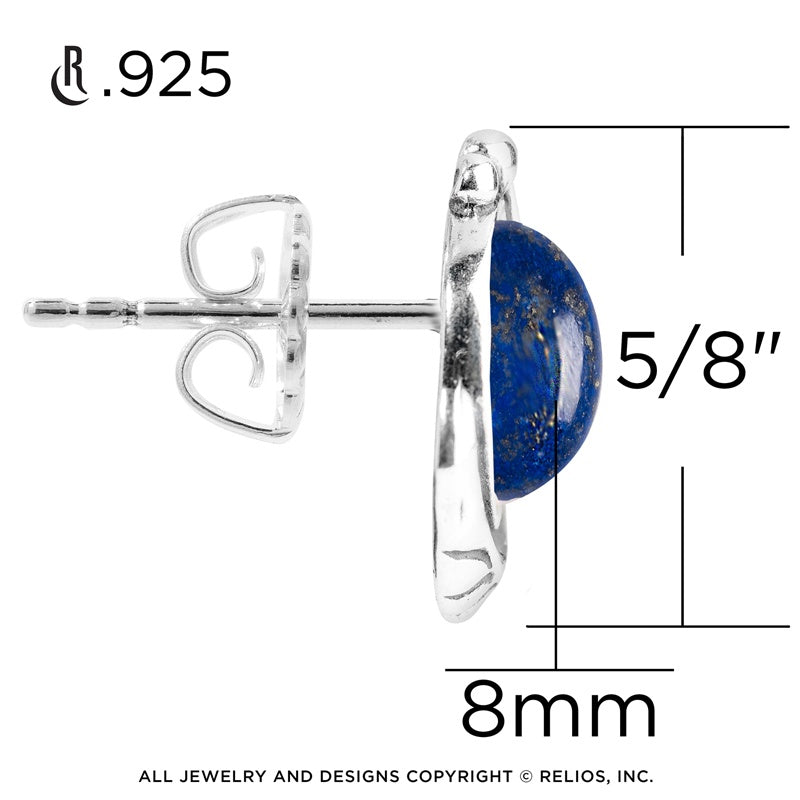 Sterling Silver Women's Button Earrings Blue Lapis Gemstone Leaf Design