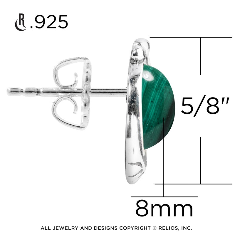 Sterling Silver Women's Button Earrings Green Malachite Gemstone Leaf Design