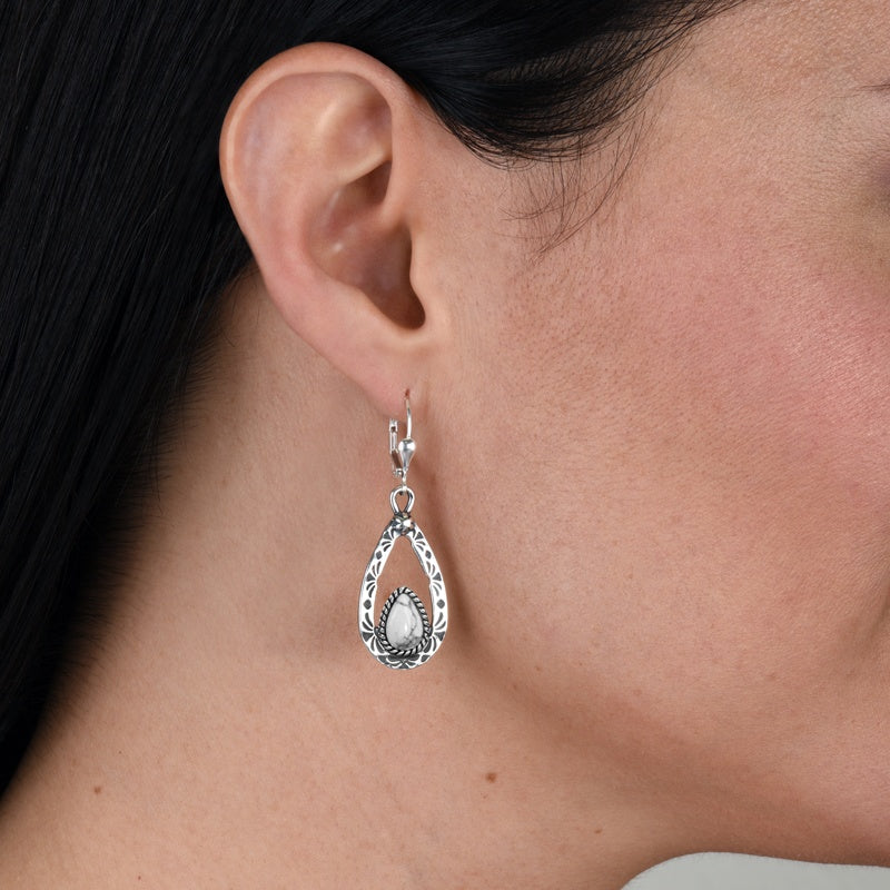 Sterling Silver White Howlite Gemstone Teardrop Dangle Earrings