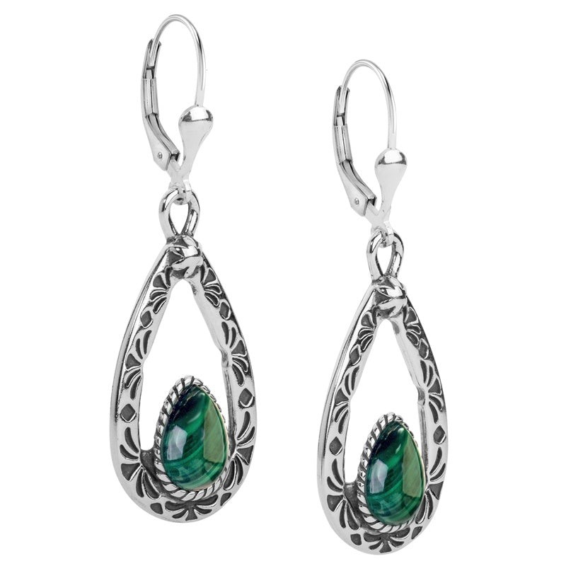 Sterling Silver Green Malachite Gemstone Teardrop Dangle Earrings