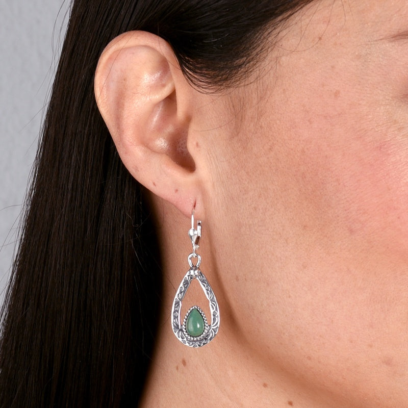 Sterling Silver Green Turquoise Gemstone Teardrop Dangle Earrings