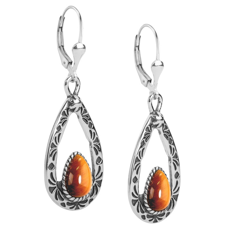 Sterling Silver Golden Brown Tiger's Eye Gemstone Teardrop Dangle Earrings