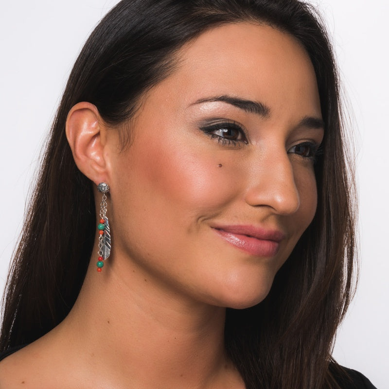Sterling Silver Multi Gemstone Feather Dangle Earrings
