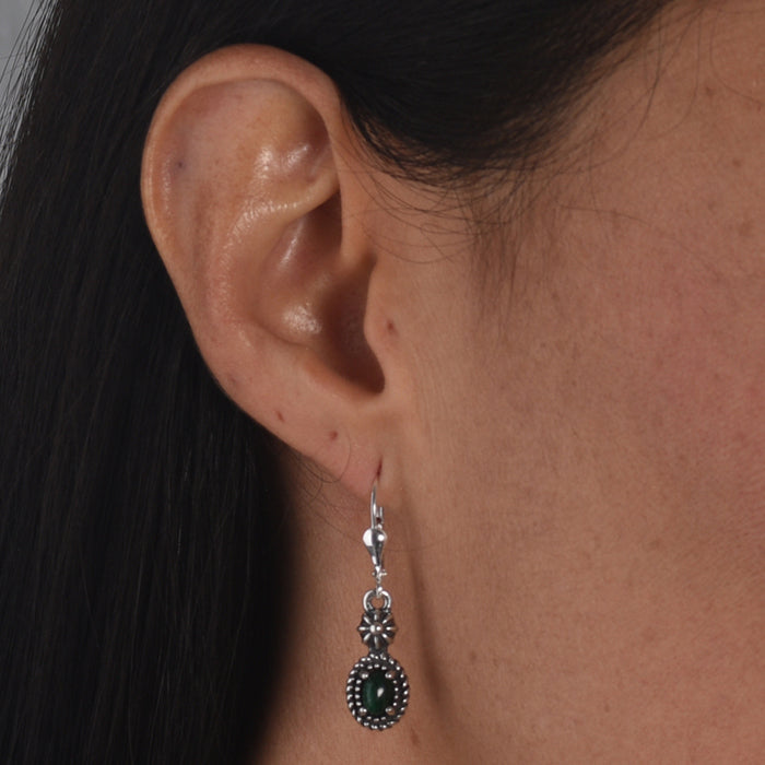Sterling Silver with Green Malachite Gemstone Rope and Flower Design Dangle Earrings