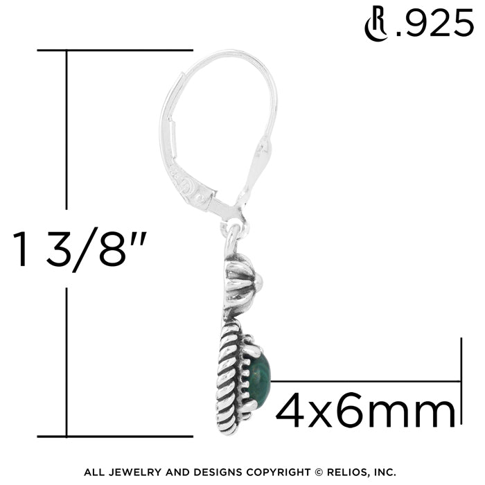 Sterling Silver with Green Malachite Gemstone Rope and Flower Design Dangle Earrings