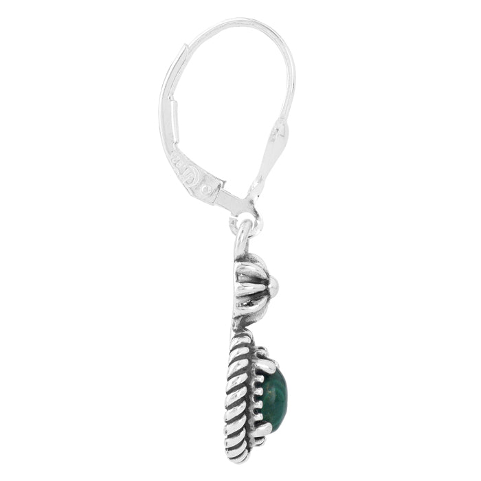 Sterling Silver with Green Malachite Gemstone Rope and Flower Design Dangle Earrings