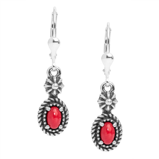 Sterling Silver with Red Coral Gemstone Rope and Flower Design Dangle Earrings