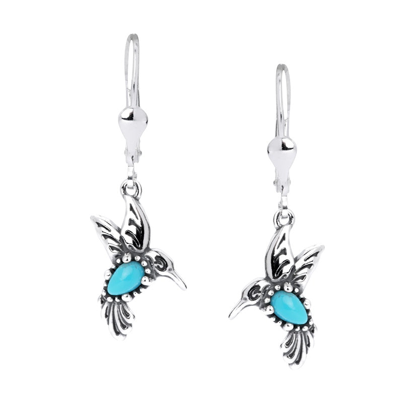 Sterling Silver Sleeping Beauty Turquoise Hummingbird Dangle Earrings