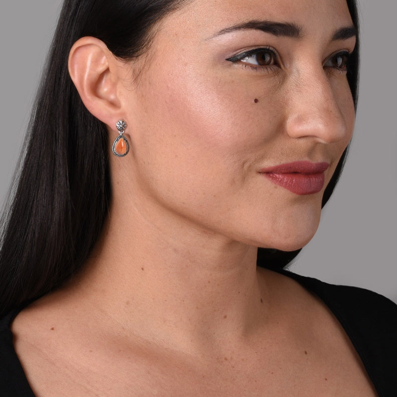 Sterling Silver Orange Spiny Oyster Gemstone Drop Earrings