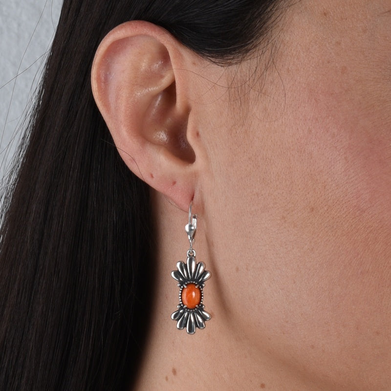 Sterling Silver Orange Spiny Oyster Gemstone Dangle Earrings