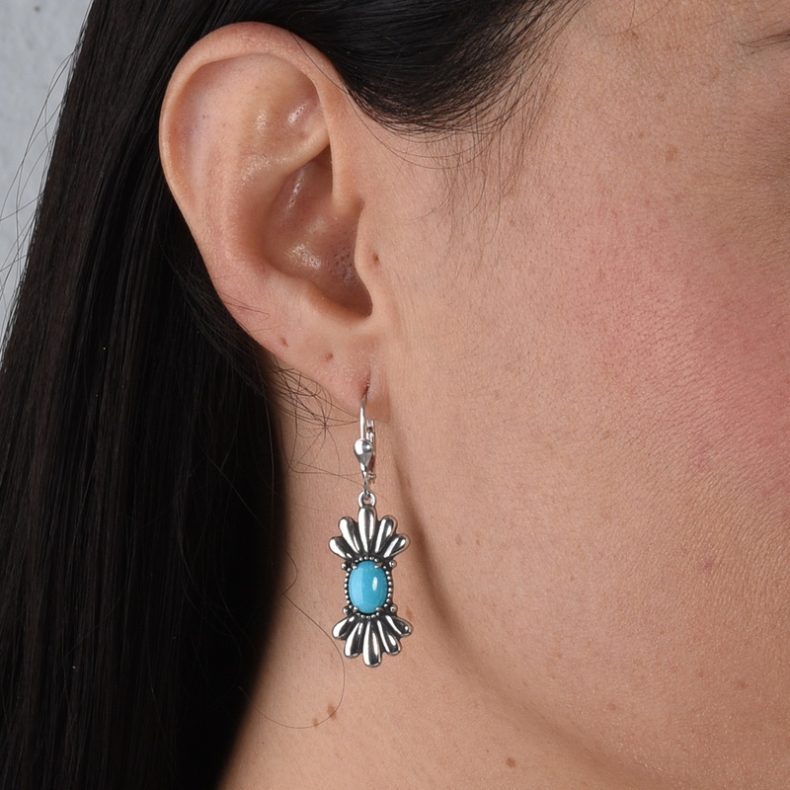 Sterling Silver Kingman Turquoise Fan Design Dangle Earrings