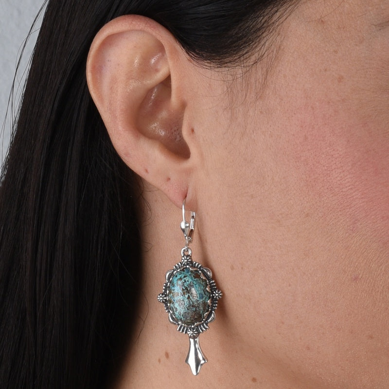 Sterling Silver Blue Green Chrysocolla Gemstone Squash Blossom Earrings