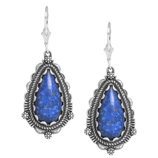 Sterling Silver Denim Lapis Pear Shaped Gemstone Drop & Dangle Earrings