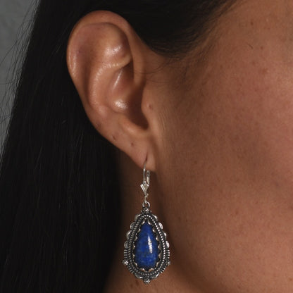 Sterling Silver Denim Lapis Pear Shaped Gemstone Drop & Dangle Earrings
