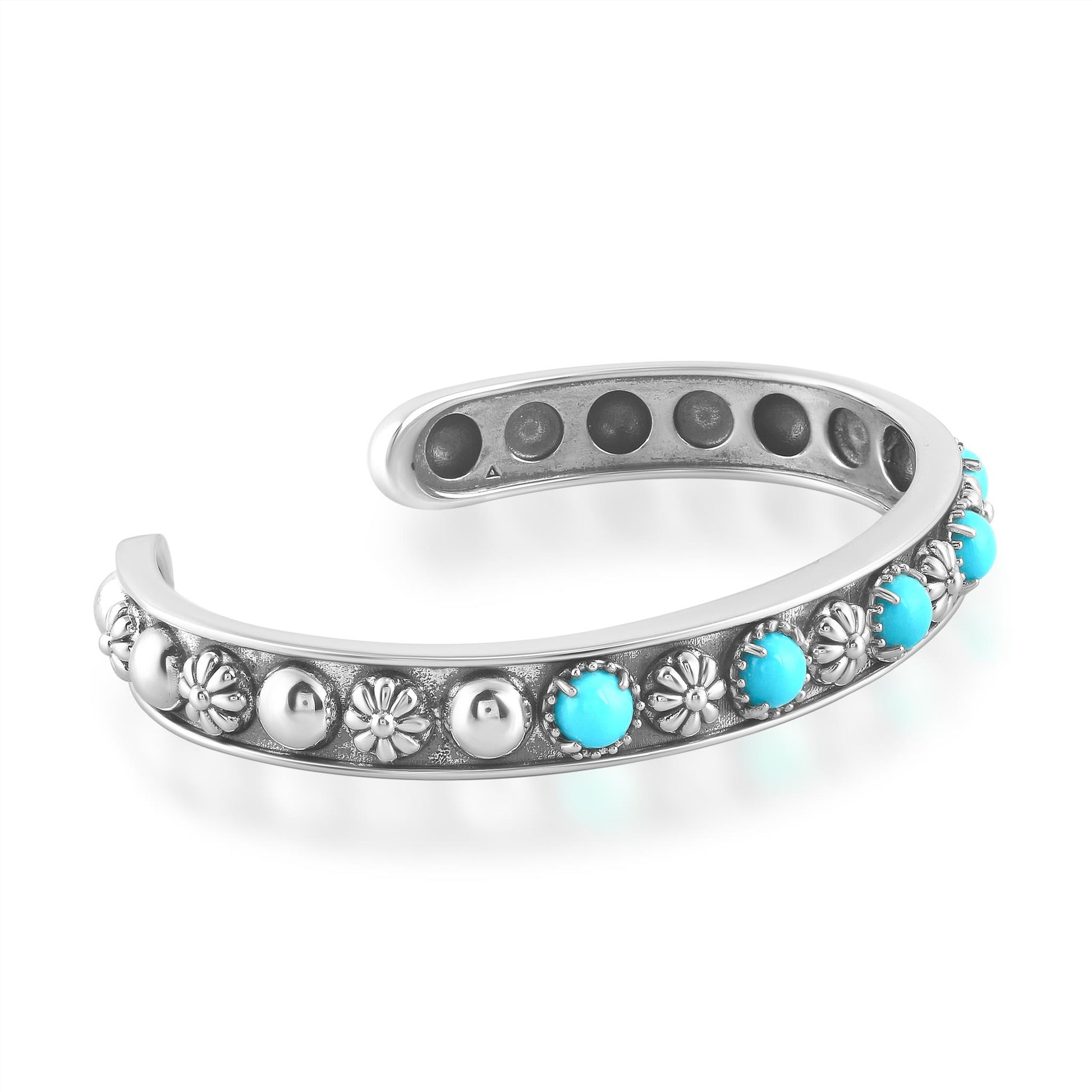 Sterling Silver Sleeping Beauty Turquoise Concha Flower Narrow Cuff Bracelet