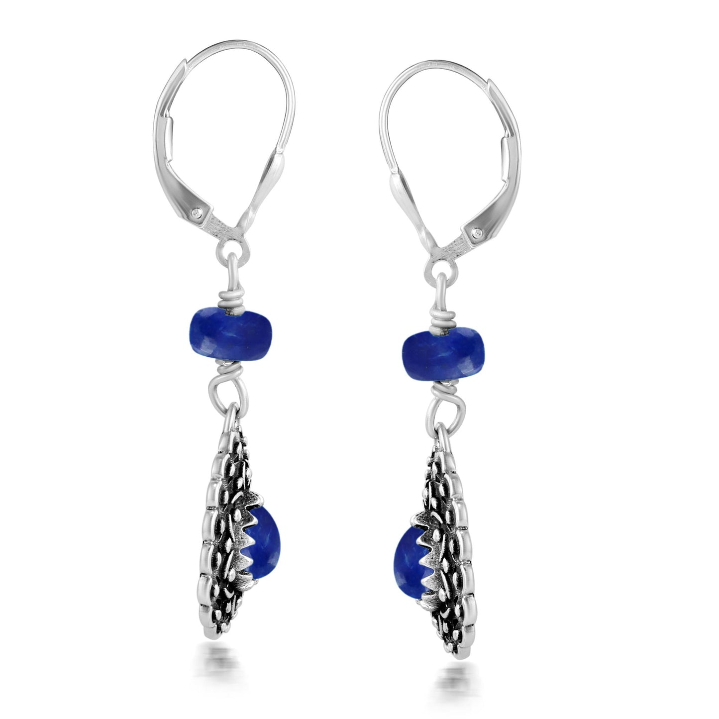 Sterling Silver Lapis Pear-Shaped Concha Lever Back Earrings