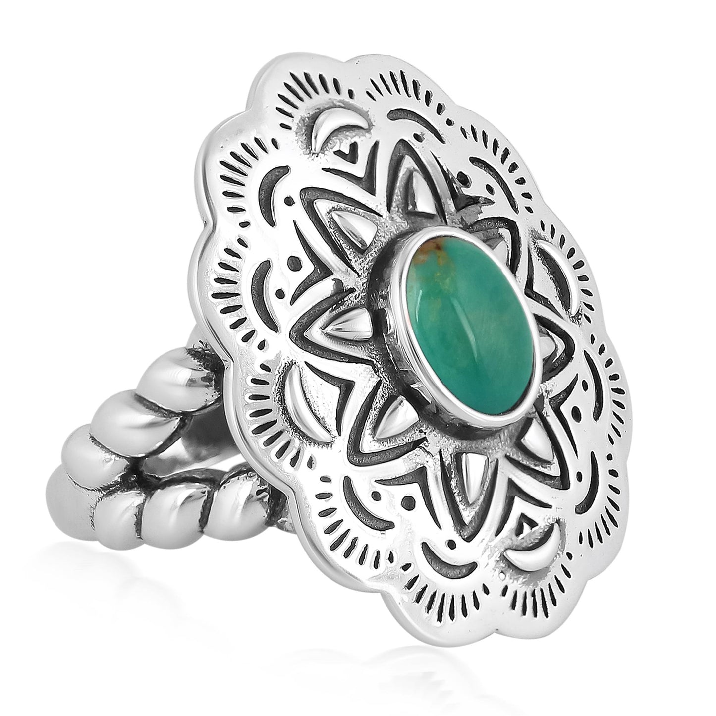 Sterling Silver Blue Green Turquoise Oval Gemstone Concha Ring