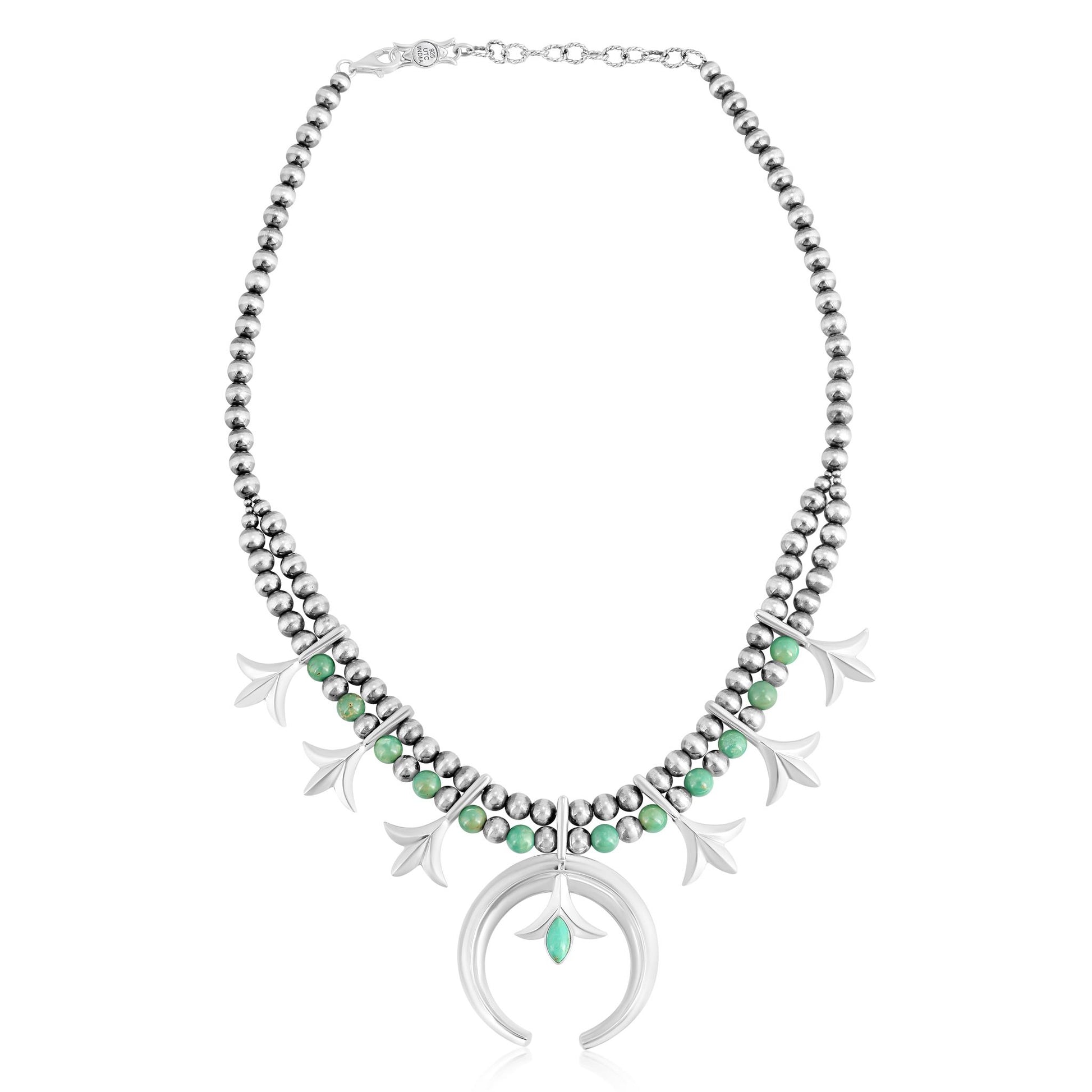 Sterling Silver Green Turquoise Bead Squash Blossom Necklace