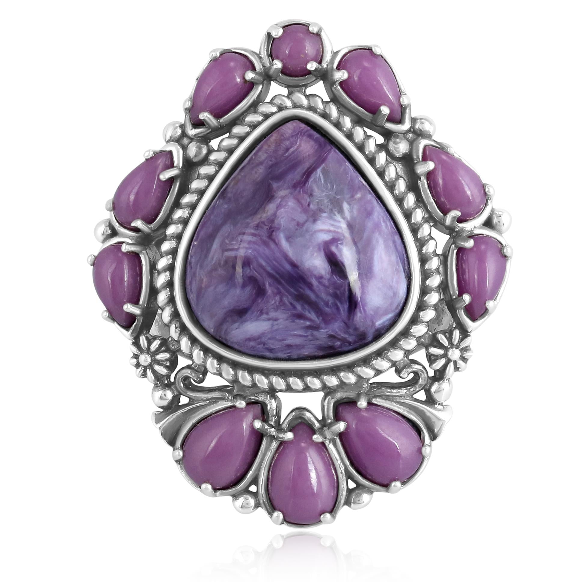 Sterling Silver Charoite and Phosphosiderite 3-Stone Trillion and Pear Ring