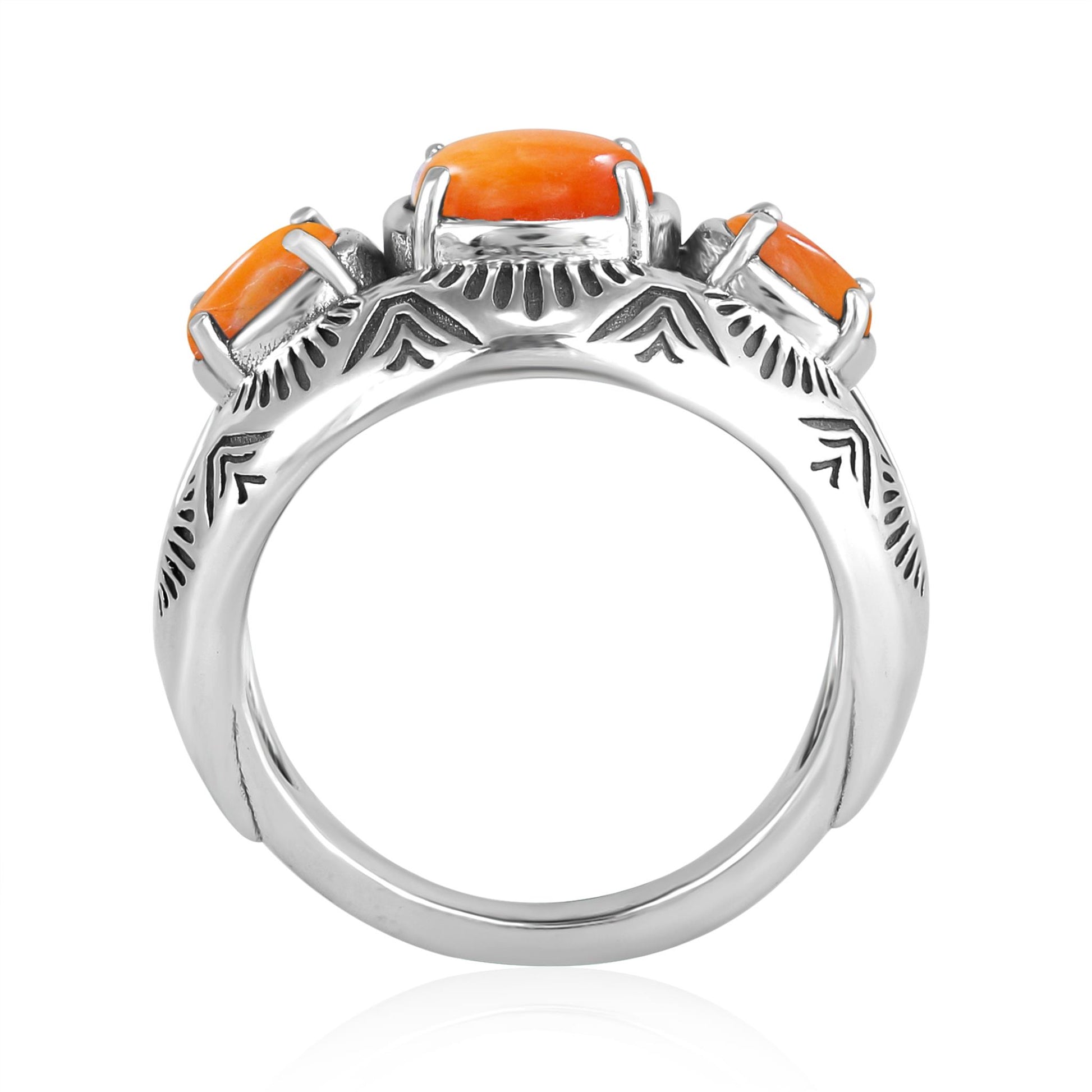 Sterling Silver Orange Spiny Oyster 3-Stone Oval Band Ring