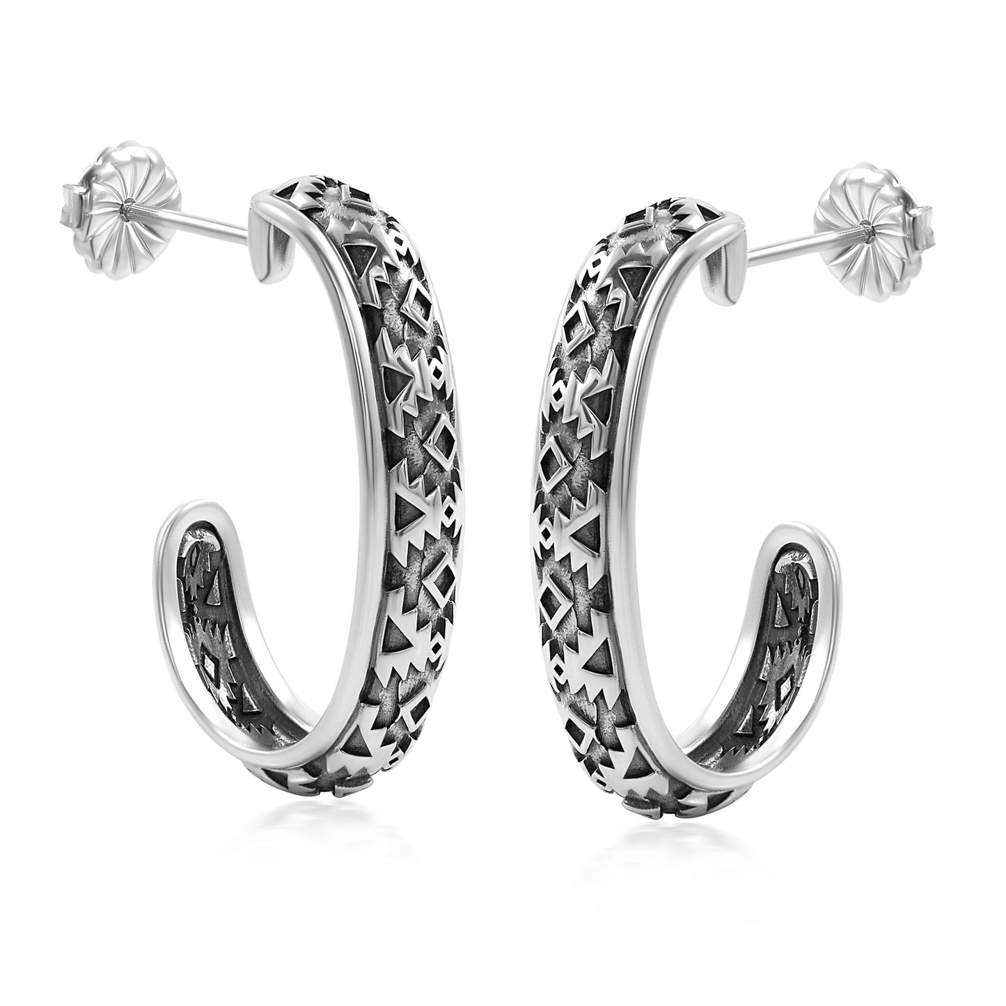 Sterling Silver Patterned J-Hoop 1 Inch Earrings