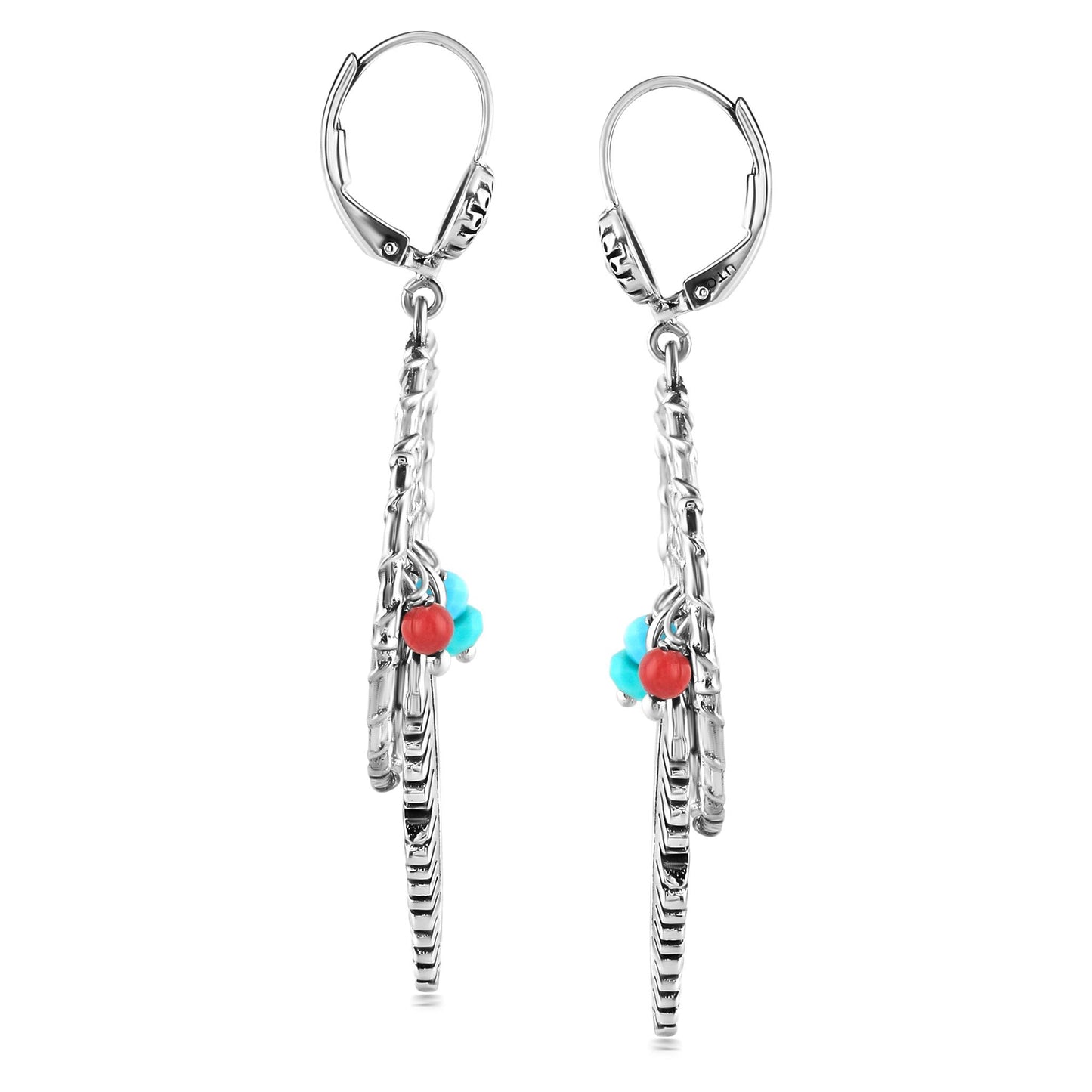 Sterling Silver Kingman Turquoise and Red Coral Dreamcatcher Feather Dangle Earrings