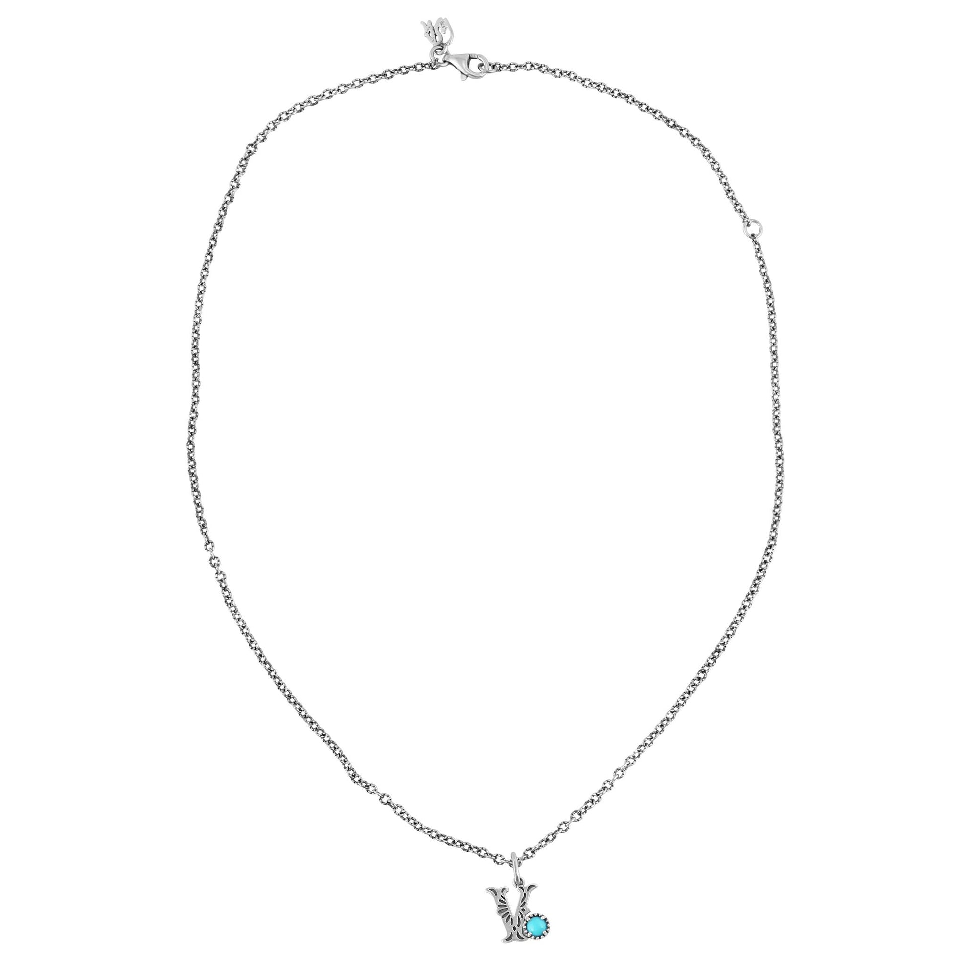 Sterling Silver Sleeping Beauty Turquoise Initial "V" Pendant and Chain Necklace, 17 to 20 Inches