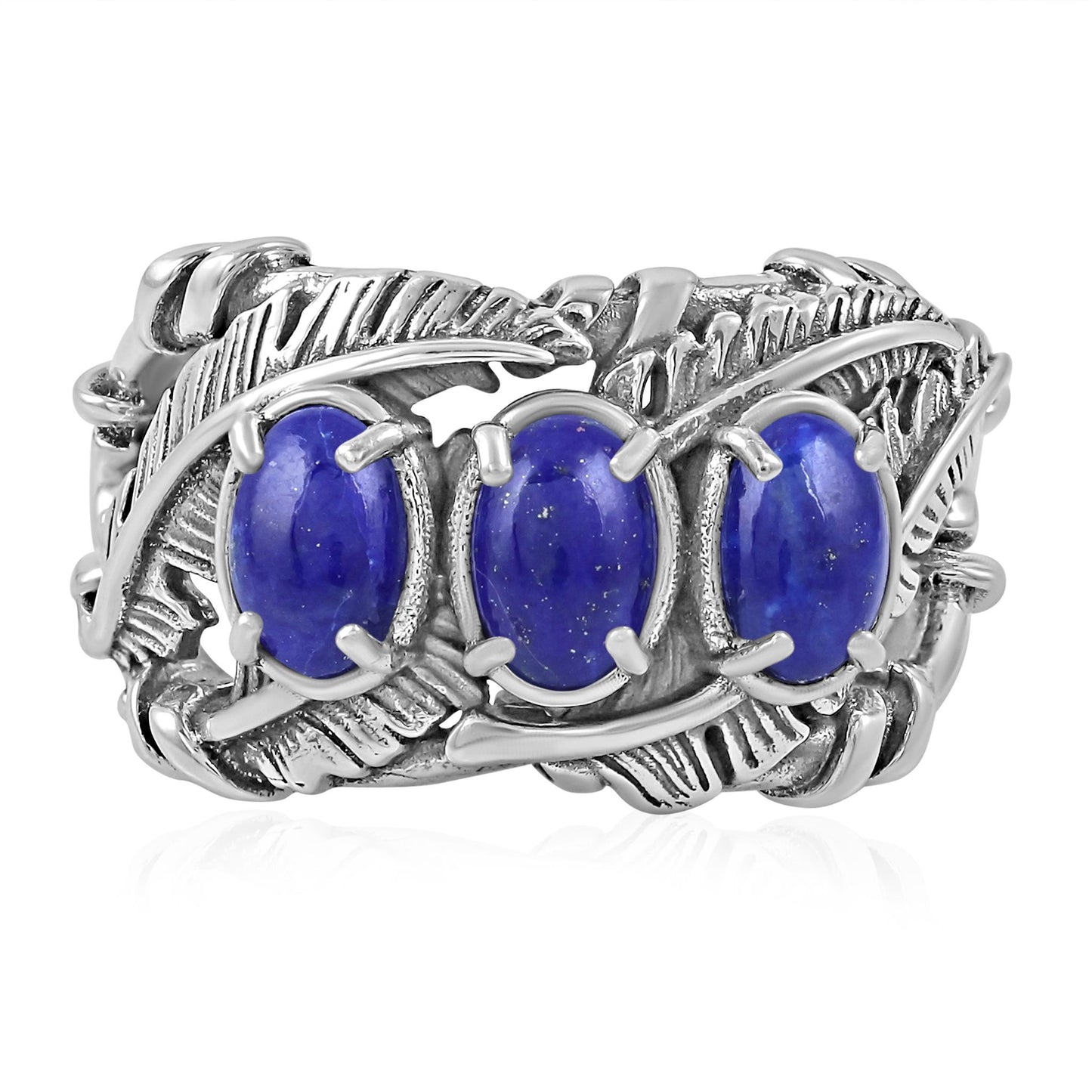 Sterling Silver Lapis Three Stone Feather Ring