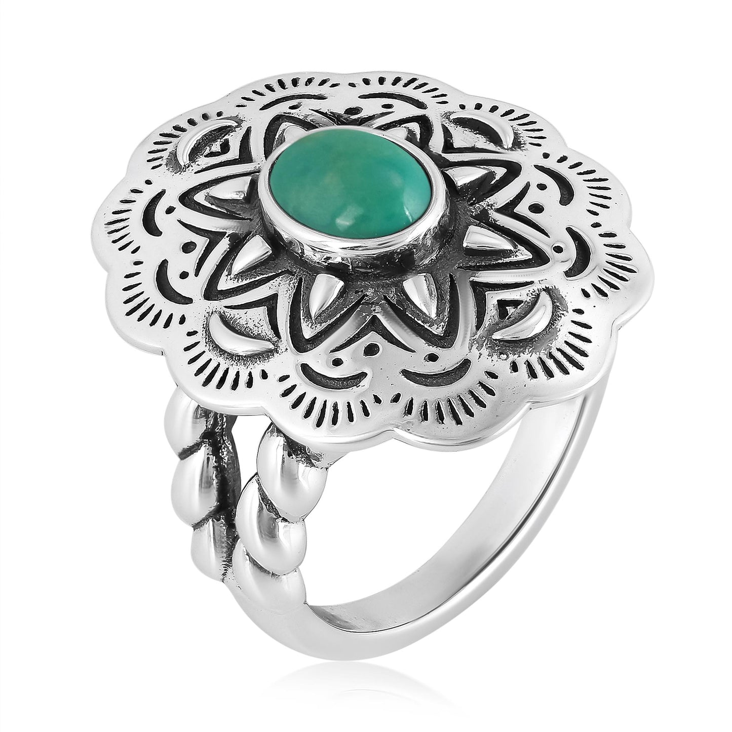 Sterling Silver Blue Green Turquoise Oval Gemstone Concha Ring