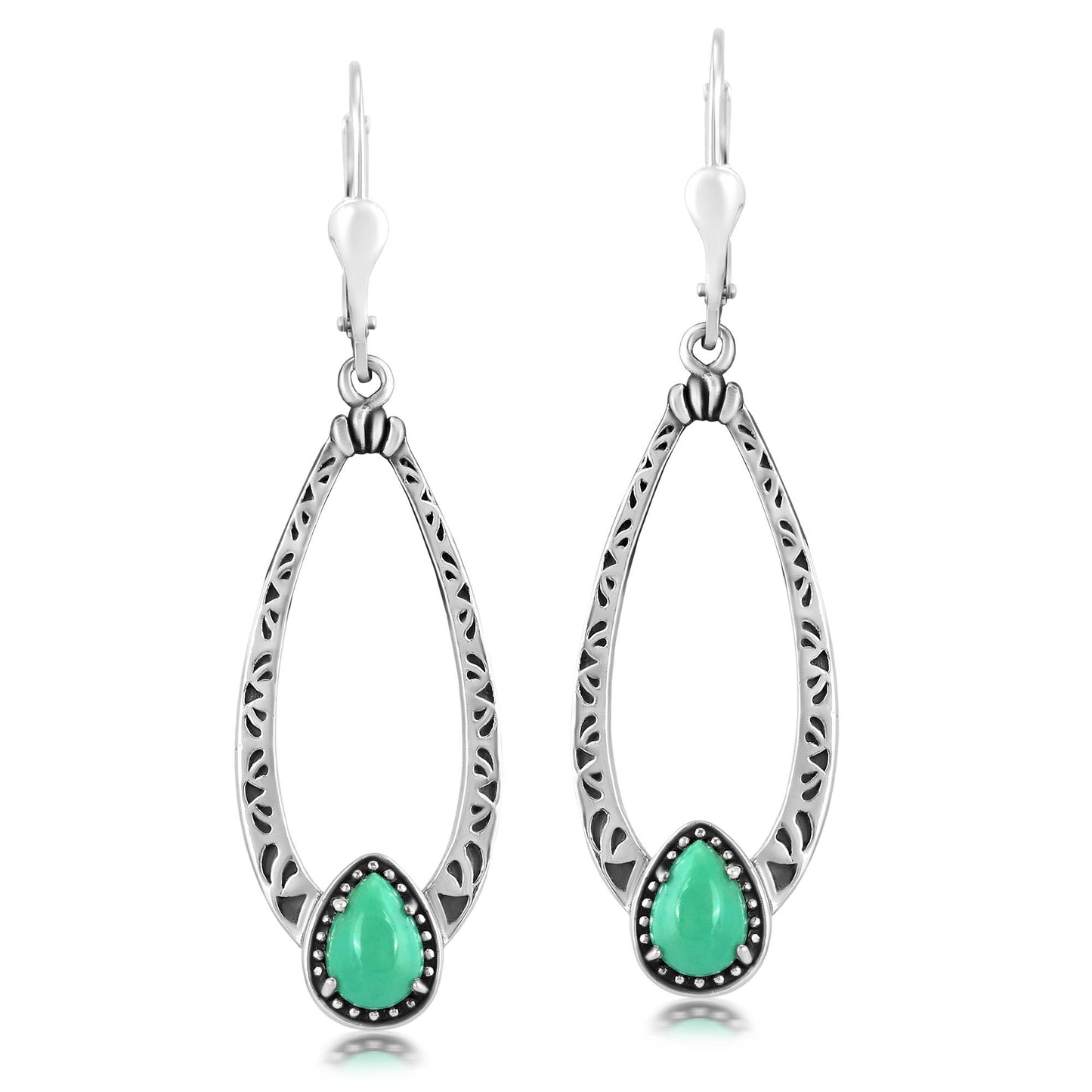 Sterling Silver Green Turquoise Pear-Cut Long Oval Lever Back Dangle Earrings