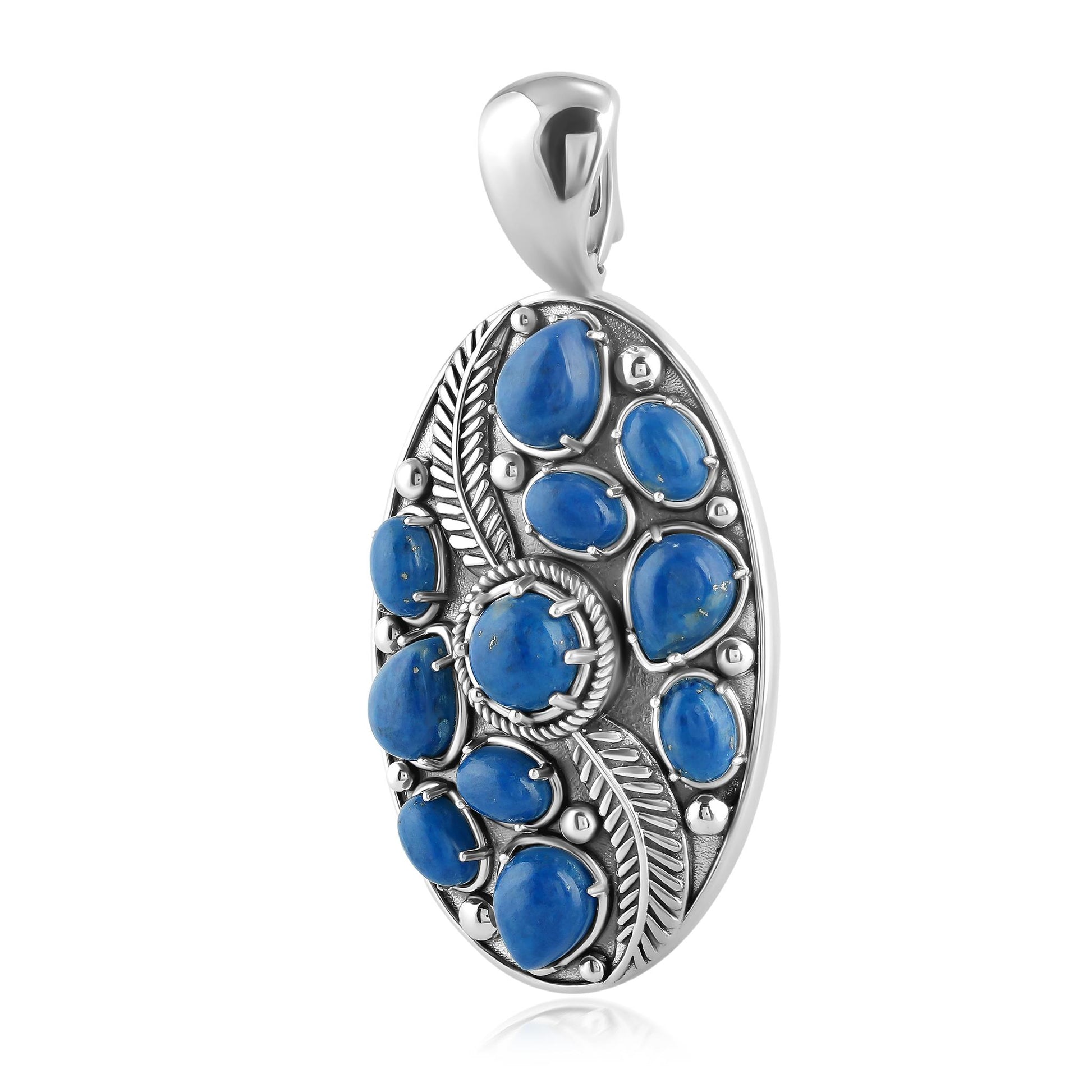 Sterling Silver Denim Lapis Oval Leaf Pendant Enhancer