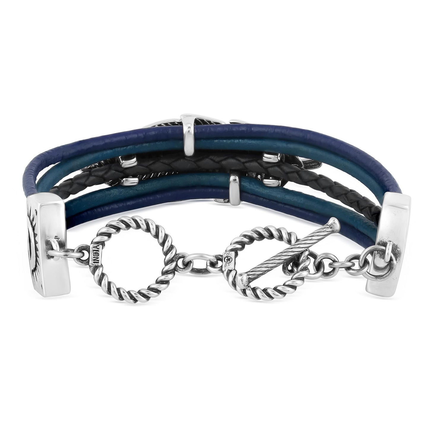 Sterling Silver Feather Design Multicolored Blue Leather Toggle Bracelet