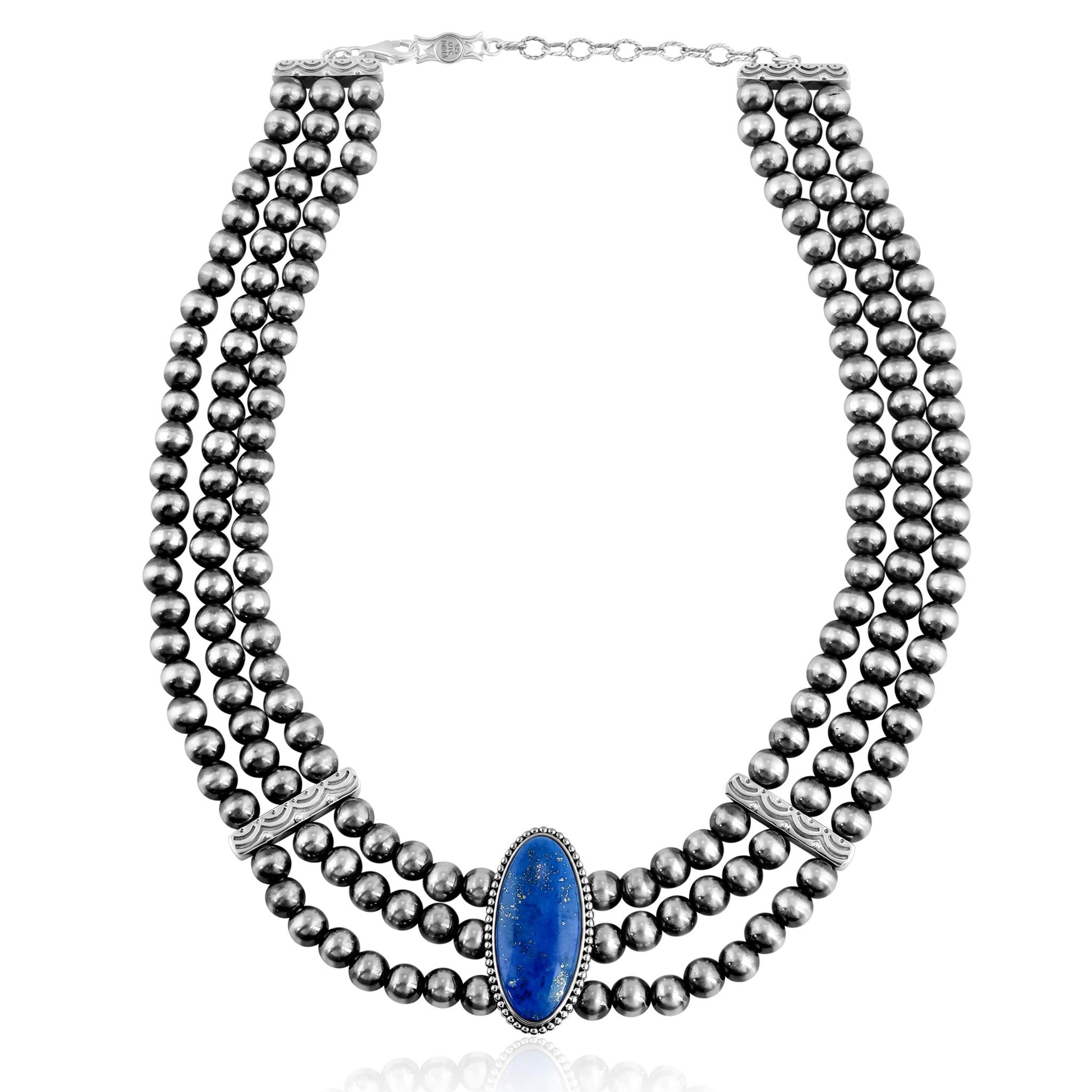 Sterling Silver Lapis Oval Cut Triple-Row Beaded Necklace