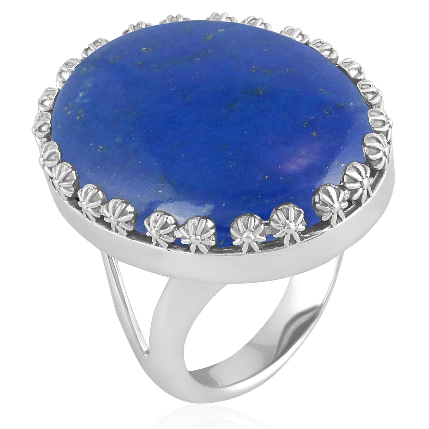 Sterling Silver Lapis Concha Flower Border Oval Cut Ring