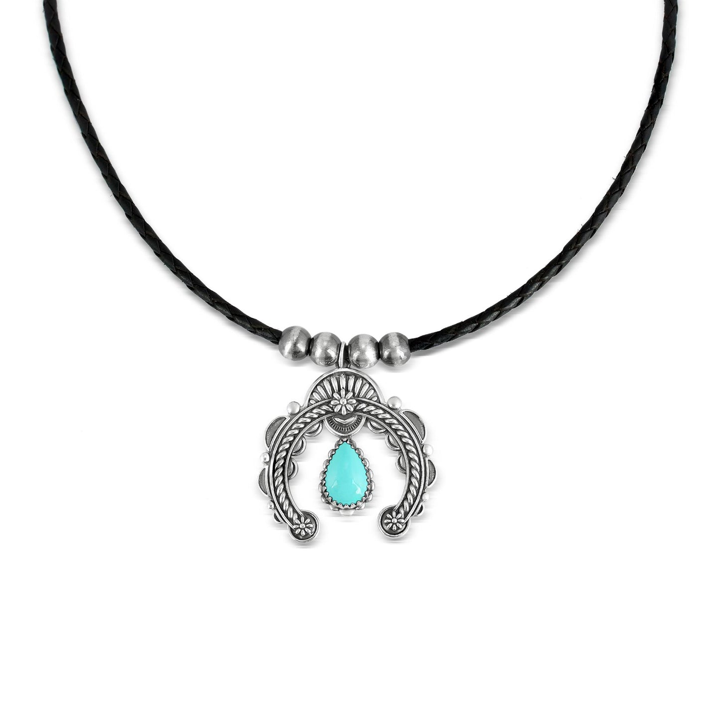 Sterling Silver Blue Turquoise and Black Leather Pear Gemstone Naja Necklace