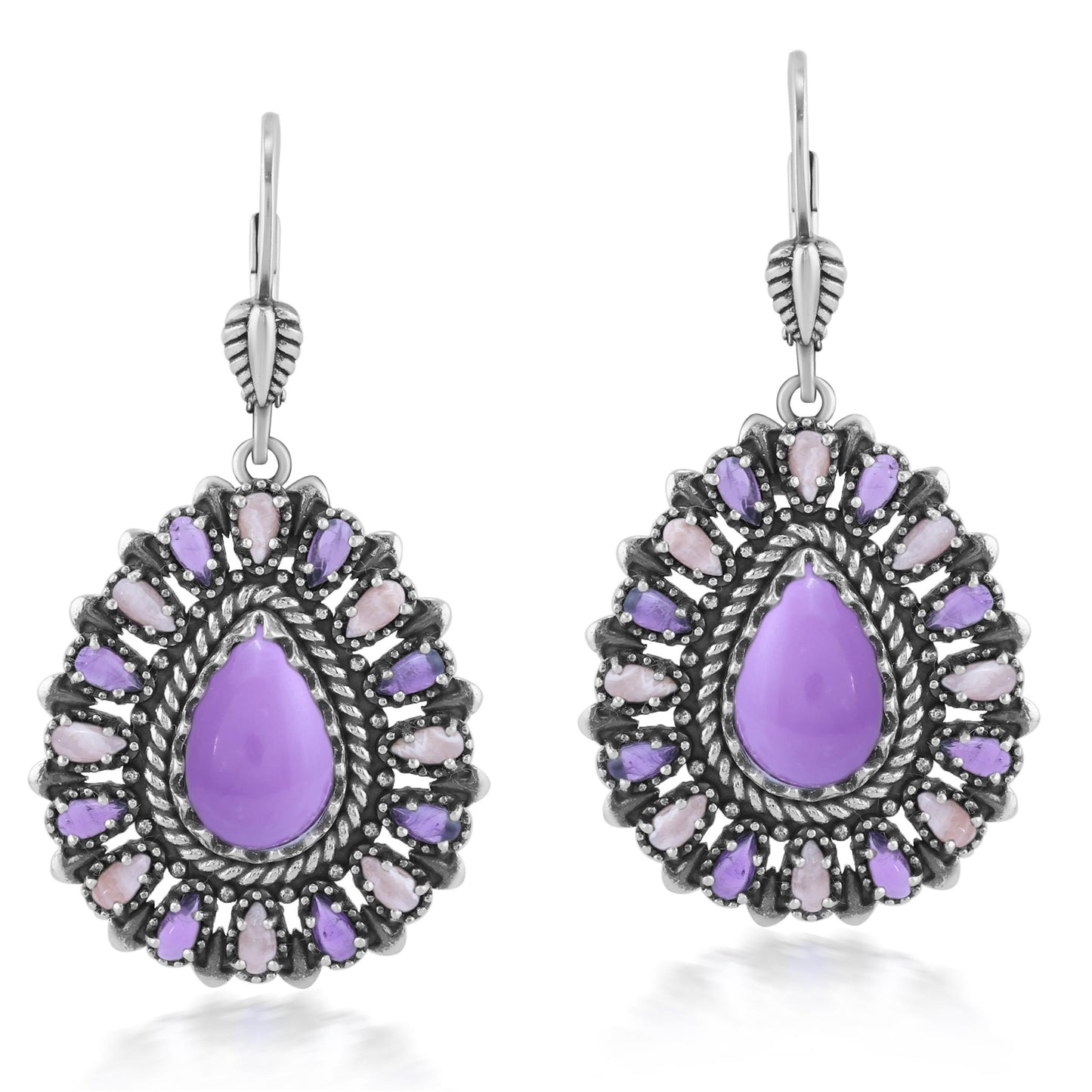 Sterling Silver Phosphosiderite, Rhodochrosite, and Amethyst Cluster Pear Shaped Dangle Earrings