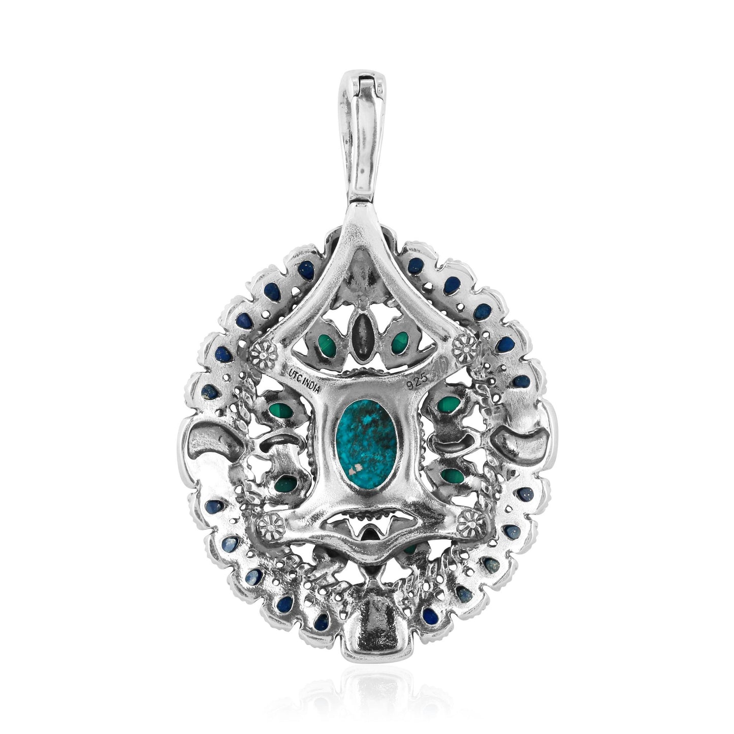 Sterling Silver Chrysocolla Malachite and Lapis Oval Floral Cluster Pendant Enhancer