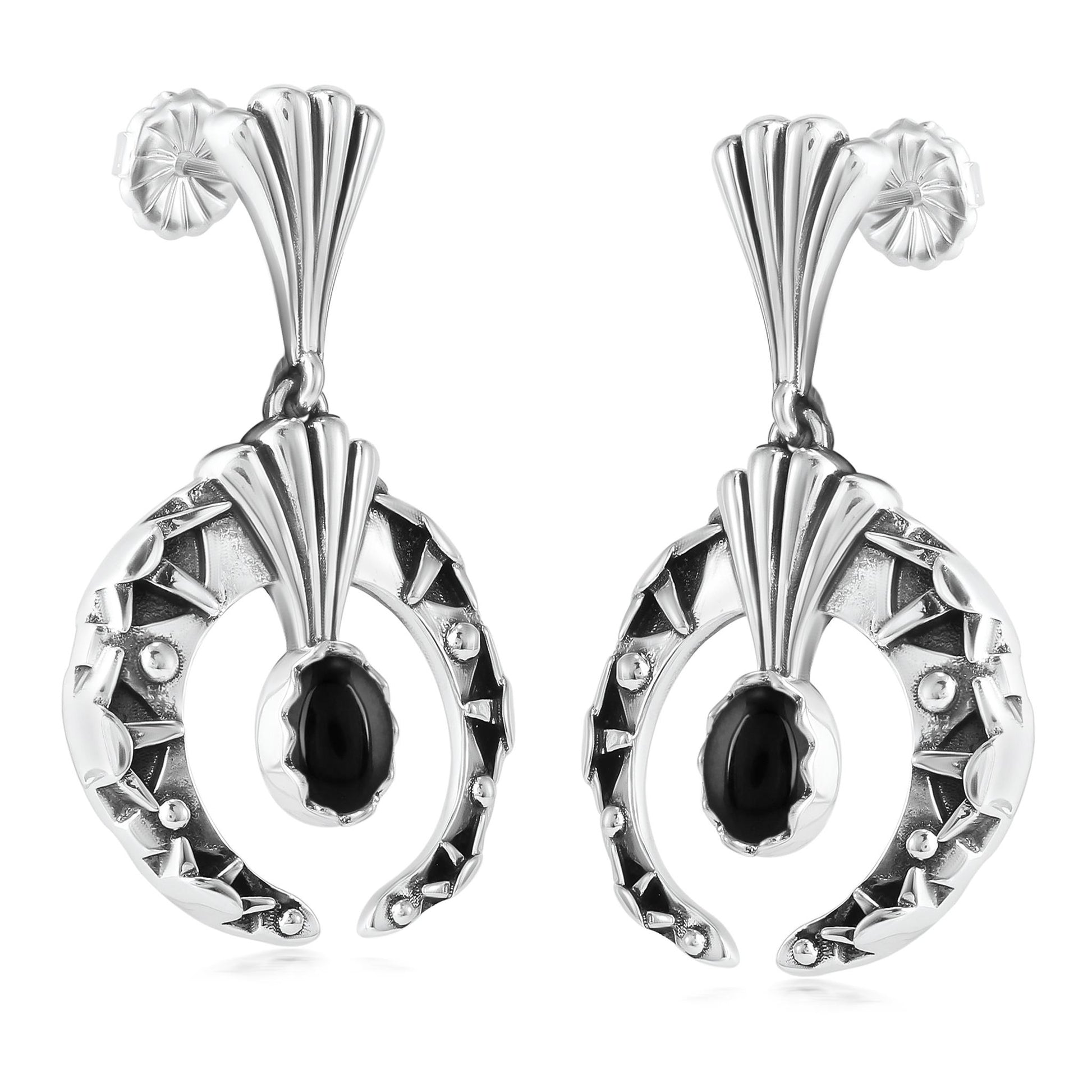 Sterling Silver Black Agate Fritz Casuse Oval Gemstone Naja Earrings