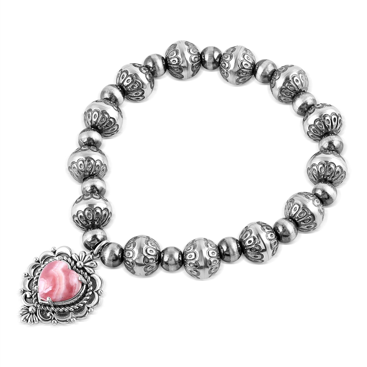 Sterling Silver Rhodochrosite Heart Charm Bead Bracelet