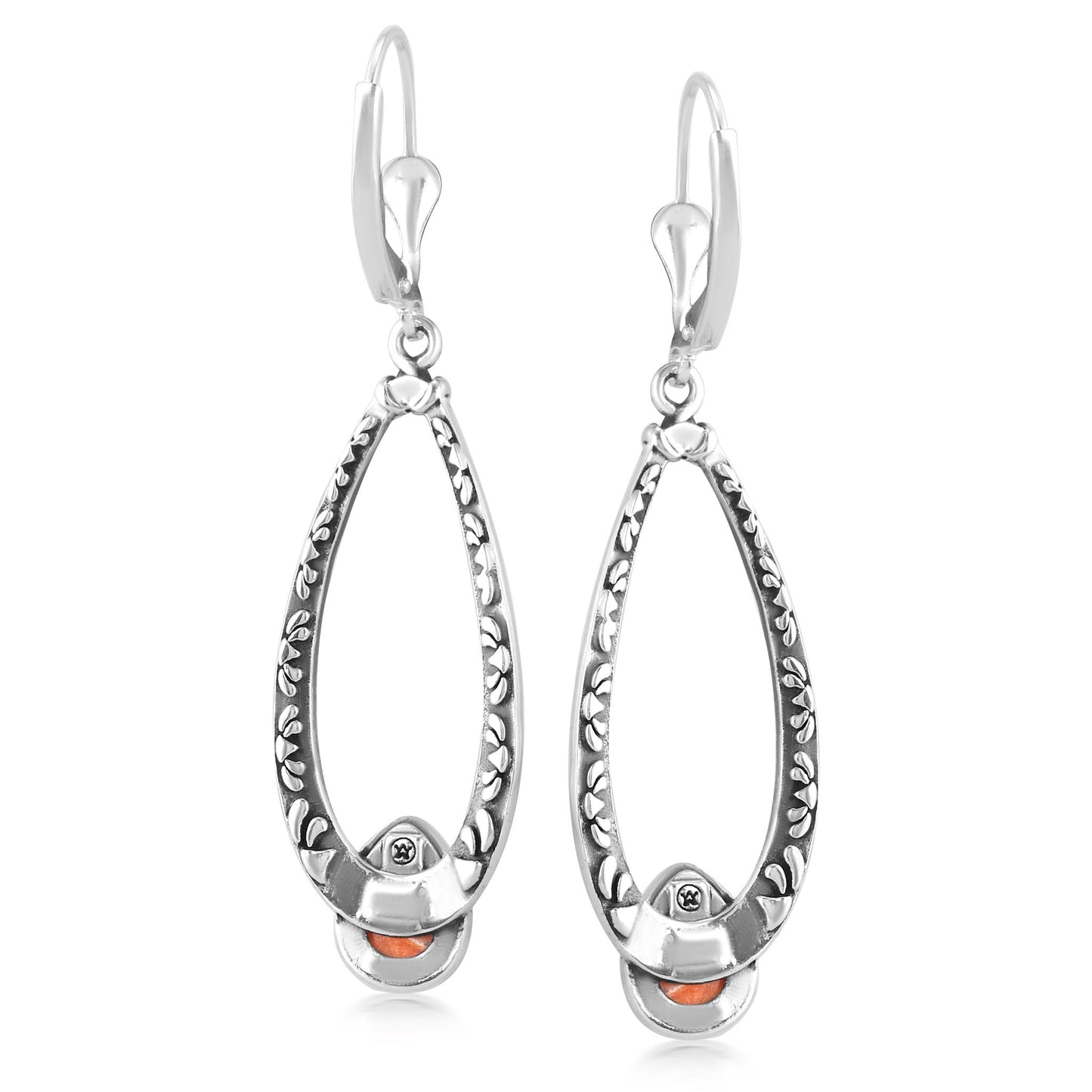 Sterling Silver Orange Spiny Oyster Pear-Cut Long Oval Lever Back Dangle Earrings