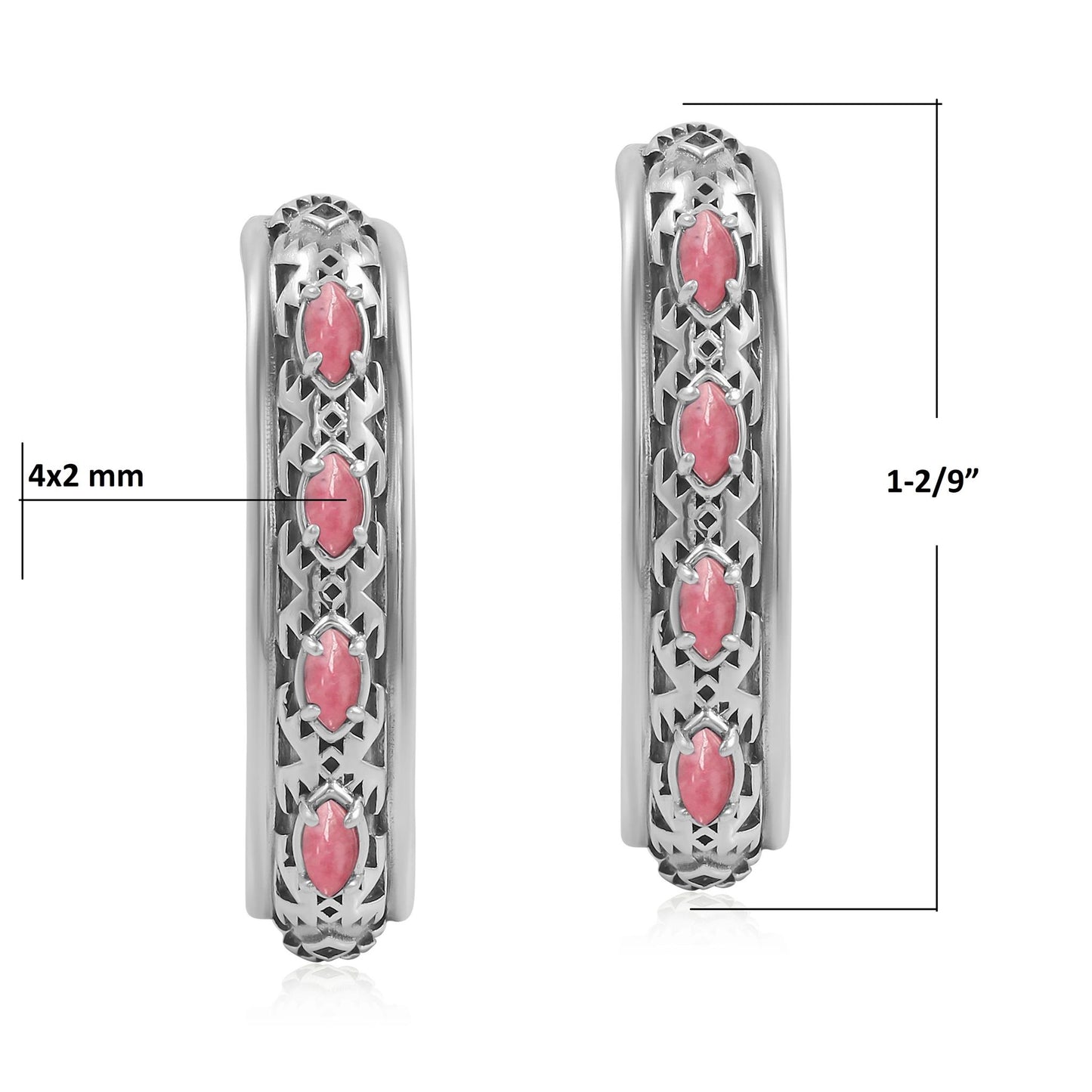 Sterling Silver Rhodonite Patterned J-Hoop 1 Inch Earrings