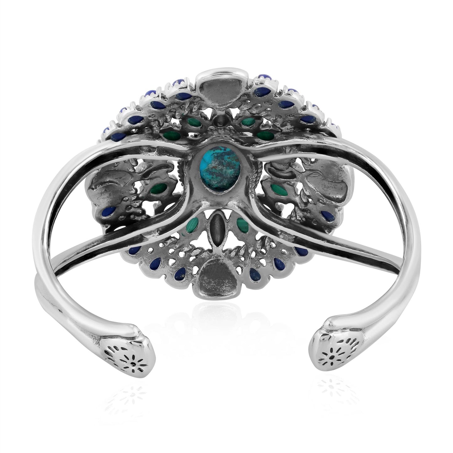 Sterling Silver Chrysocolla Lapis and Malachite Oval Floral Cluster Cuff Bracelet