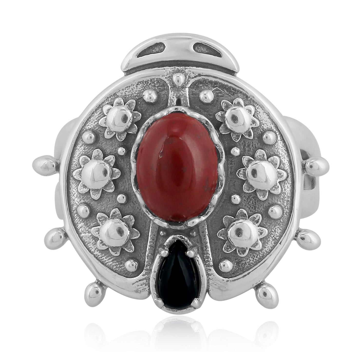 Sterling Silver Red Jasper Black Onyx Ladybug Ring