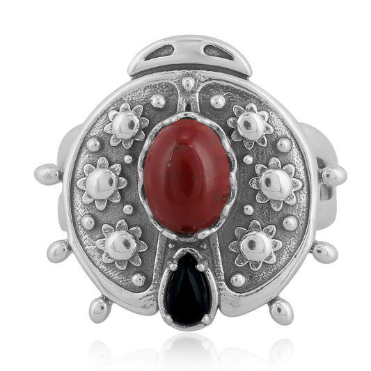 Sterling Silver Red Jasper Black Onyx Ladybug Ring