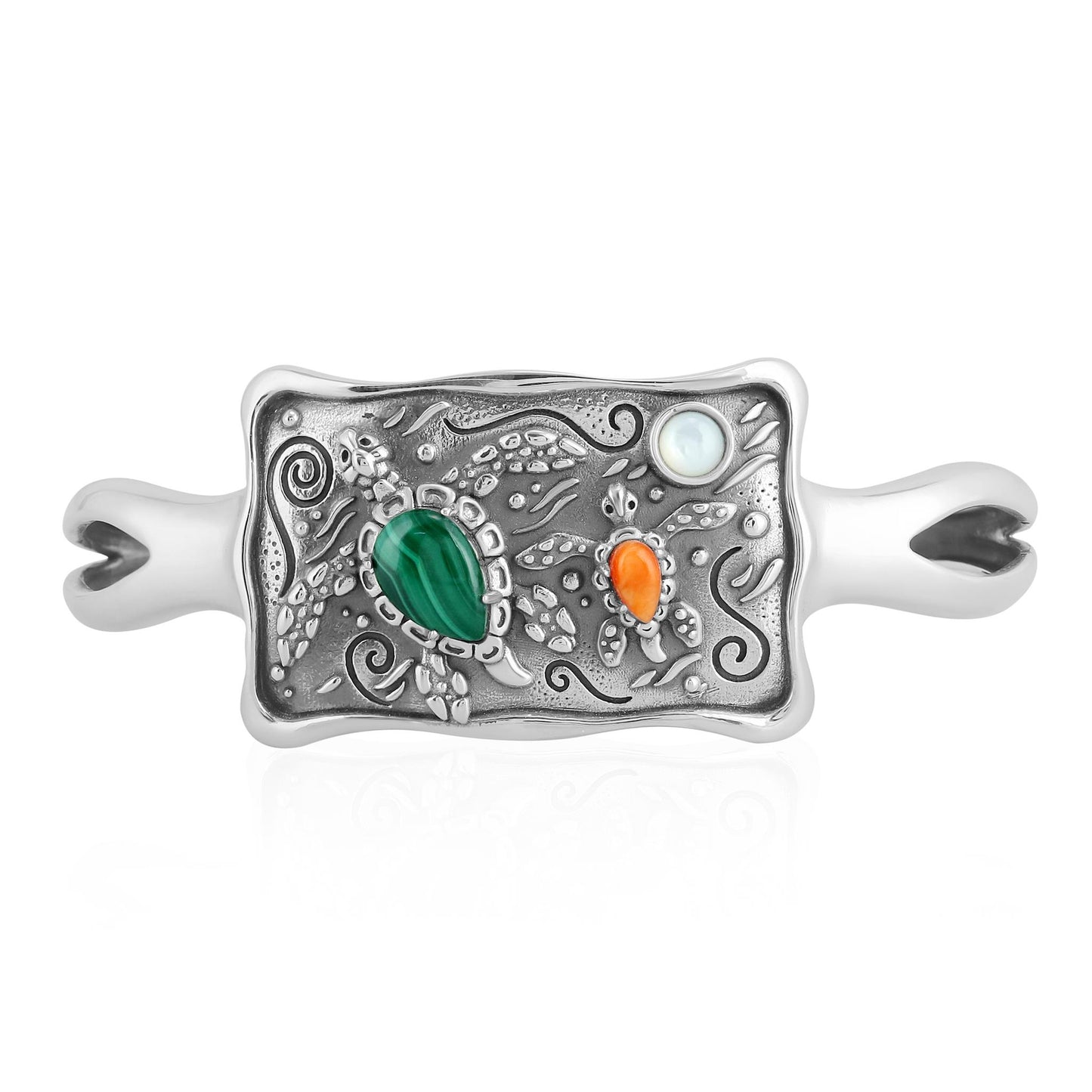 Sterling Silver Malachite, White Mother of Pearl and Orange Spiny Oyster Double Turtle Cuff Bracelet, Sizes Small and Medium
