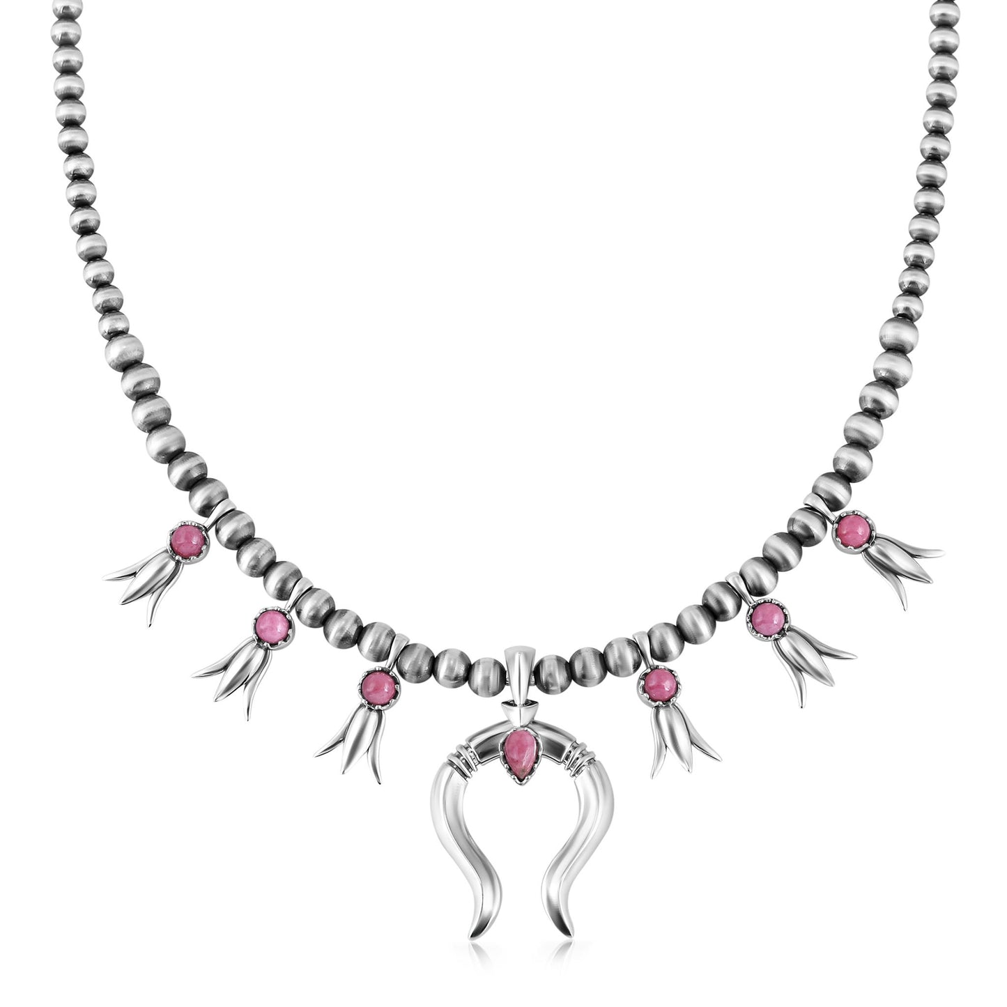Sterling Silver Rhodonite Beaded Squash Blossom Necklace
